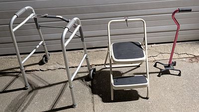 Cosco folding step stool, walker and a 4 footed cane