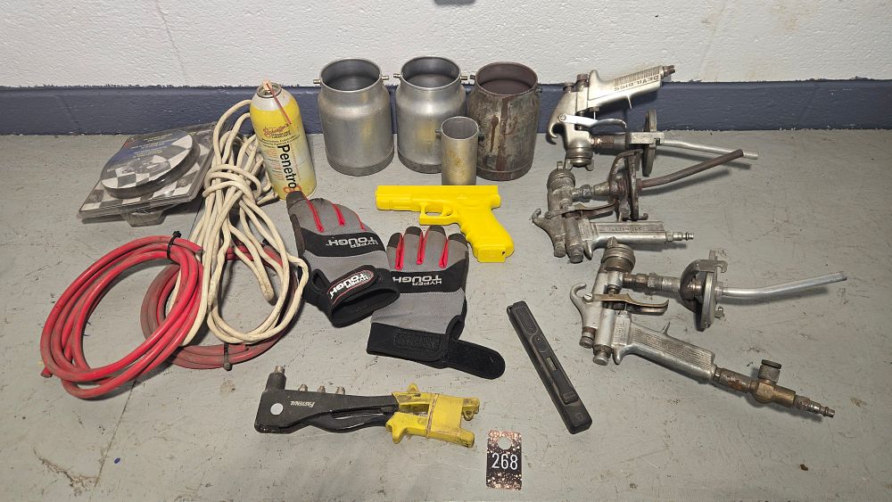 Lot 268: DeVilbiss Paint sprayers, copper wire, yellow plastic practice gun and more tote