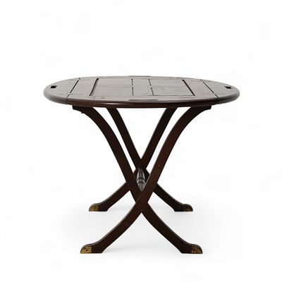 COFFEE TABLE. Mesa de apoio em madeira de mogno, tampo oval, abas de rebater que fecha em 