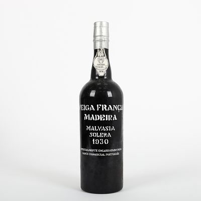 VEIGA FRANÇA, VINHO DA MADEIRA. Garrafa de Vinho, Veiga França, Madeira, Sercial Solera, 1930. 
