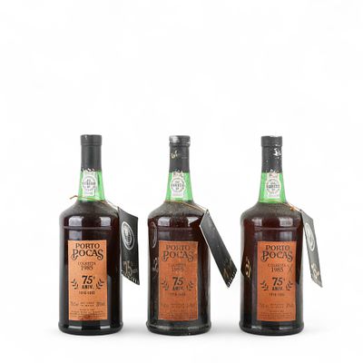 VINHO DO PORTO. Conjunto de tr&ecirc;s garrafas de vinho do Porto, 1985 Po&ccedil;as Colheita 75&ordm; Anivers&aacute;rio 