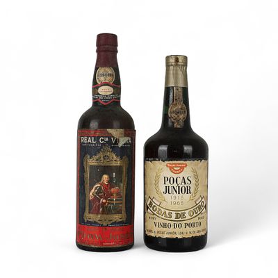 Vinho do Porto. Conjunto de duas garrafas de vinho do Porto, Po&ccedil;as Junior Bodas de Ouro e Real 