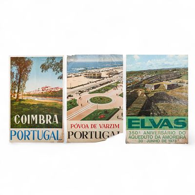 P&Oacute;STERES ANTIGOS "Cidades Portuguesas". Conjunto de 3 impress&otilde;es litogr&aacute;ficas a cores sobre 