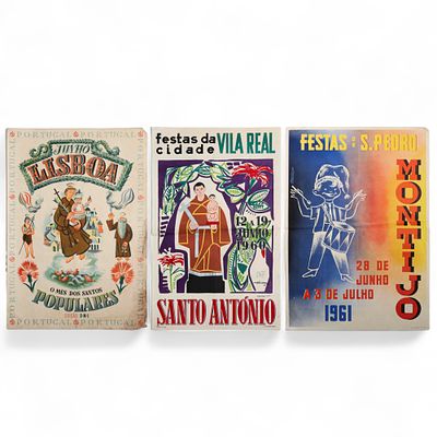 P&Oacute;STERES ANTIGOS "Festas Populares". Conjunto de 3 impress&otilde;es litogr&aacute;ficas a cores sobre papel: 