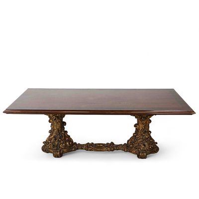 MESA DE JANTAR. Mesa de jantar em madeira de carvalho, folheado de pau-santo e mogno, base com 2 