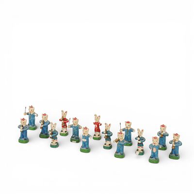 BANDA 'ANIMAIS' EM BARRO. Conjunto de quinze figuras em barro moldado e policromado de Barcelos 