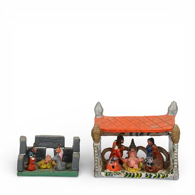 PRES&Eacute;PIOS. Conjunto de dois pres&eacute;pios em barro policromado de Barcelos, um assinado 'Pedro Neto 