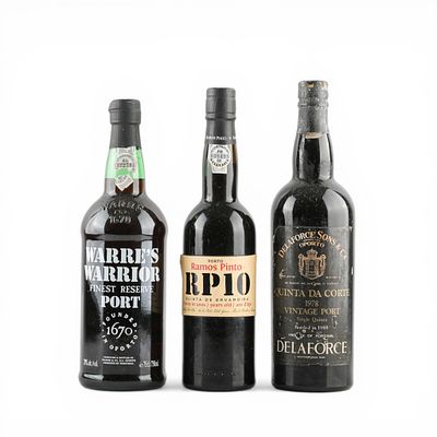 WINE PORT. Set of three bottles of Port wine: RP10 Ramos Pinto 50cl, Warre's Warrior Finest 