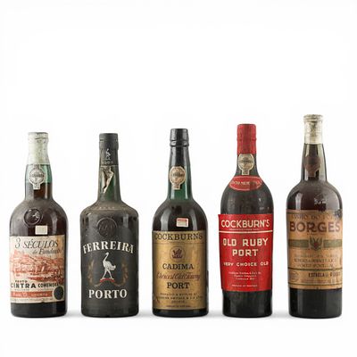 VINHOS DO ORTO. Conjunto de cinco garradas de vinho do Porto, Borges Estrela D'Ouro, Porto 