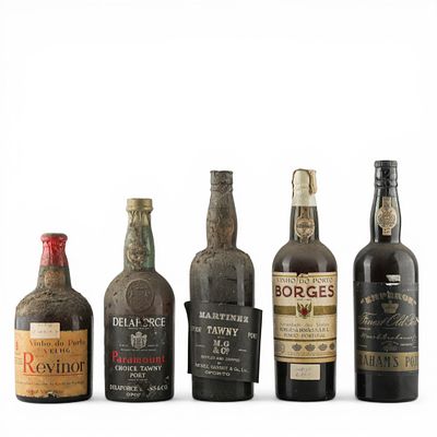 VINHOS DO PORTO. Conjunto de cinco vinhos do Porto, Graham's Emperor Finest Old, Delaforce 