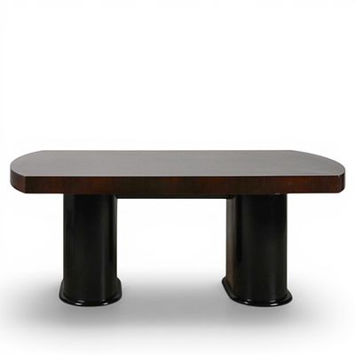 MESA ART DECO. Mesa de jantar Art Deco, em raiz de nogueira envernizada e lacada, tampo 