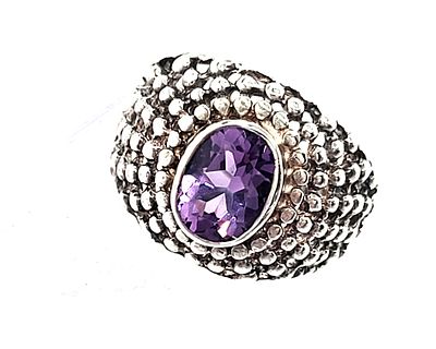 Unisex Amethyst Dome Ring with Hobnail Texture. Sterling Silver .925 
Genuine Amethyst 