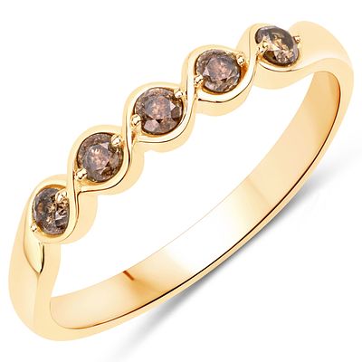 Spiral Design Champagne Diamond Stackable Ring. This 14 karat yellow gold ring features .19 