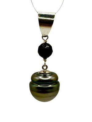 Large Tahitian Pearl and Onyx Pendant Sterling Silver. All weights, sizes, measurements, as 