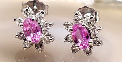 14K White Gold Pink Sapphire and Diamond Halo Earrings. Setting: 14K White Gold
Main