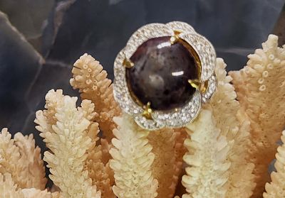 Ruby and White Sapphire Flower Petal Halo Ring COA. Certificate of Appraisal: Prepared by GLA