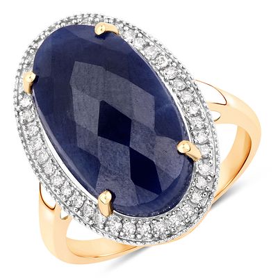 Chunky and WOW Blue Sapphire and Diamond Halo Ring. Setting: 14K Yellow Gold
Main