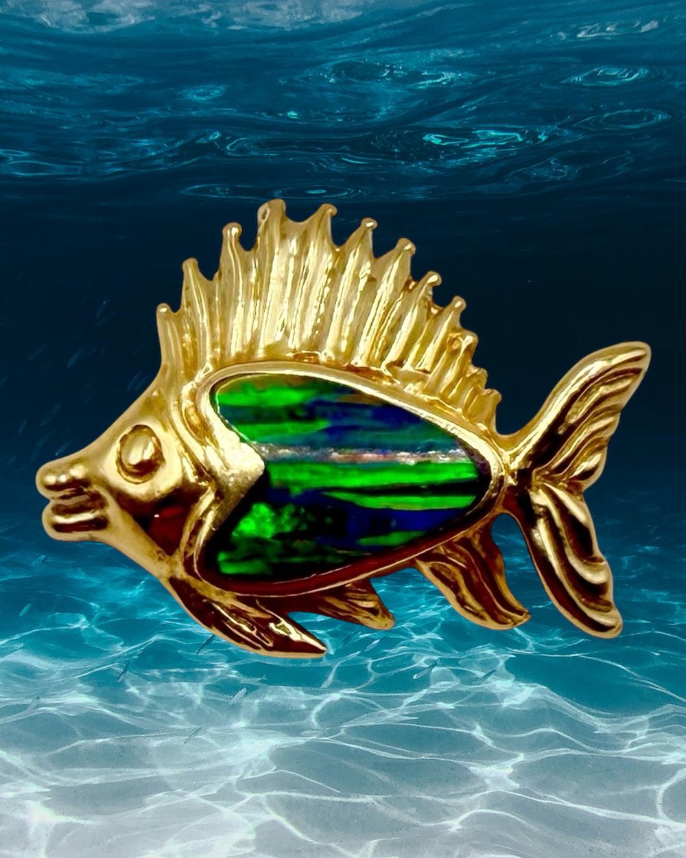 Smiling Sailfish Slide Pendant w/ Black Opal Inlay. Setting: 14K Yellow Gold 
Main 