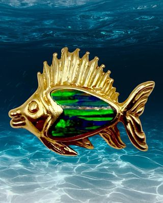 Smiling Sailfish Slide Pendant w/ Black Opal Inlay. Setting: 14K Yellow Gold 
Main 