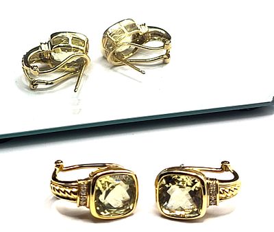 Cushion-Cut Lemon Quartz and Diamond Earrings. Setting: 14K Yelllow Gold 
Main Gemstone: 
