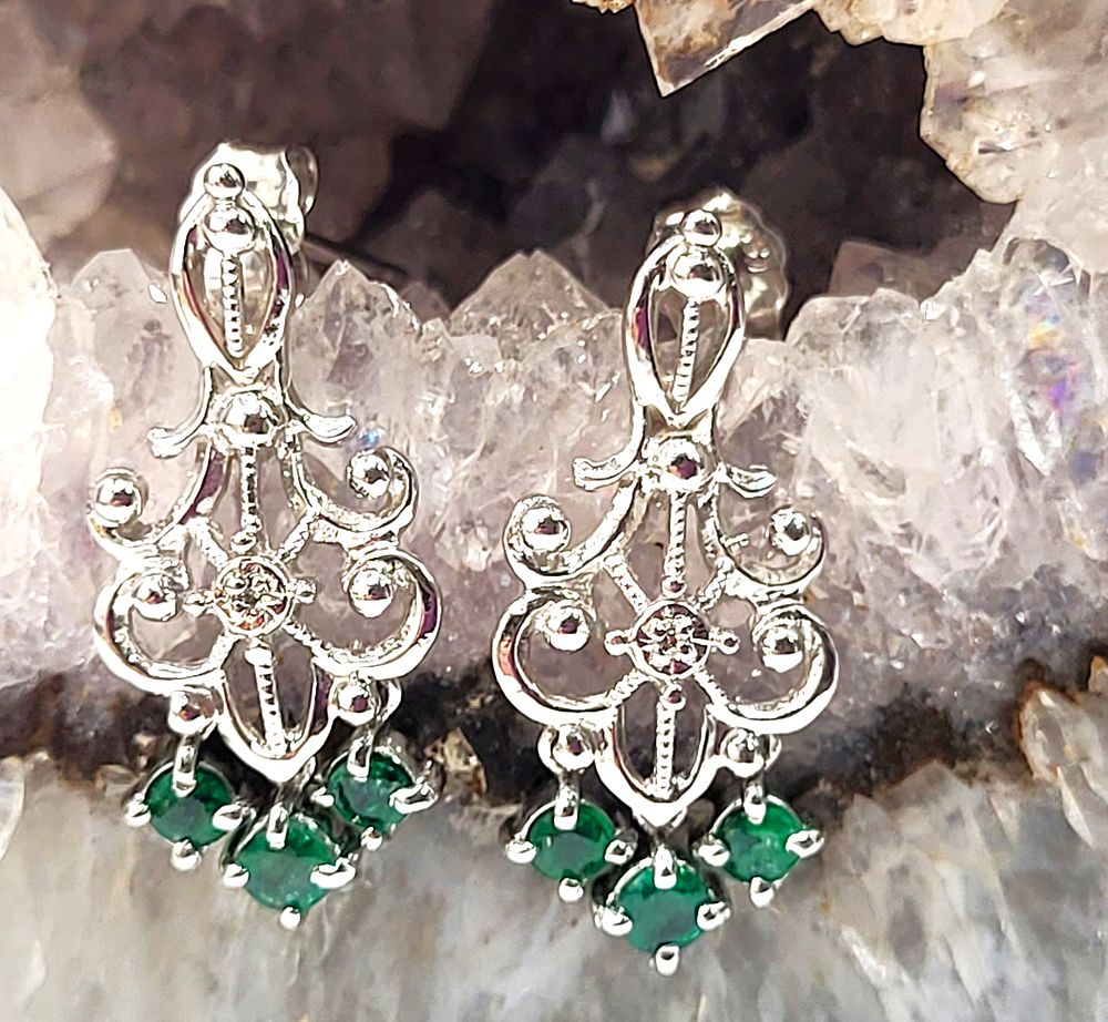 14K White Gold Emerald & Diamond Festoon Earrings. Setting: 14K White Gold 
Main 