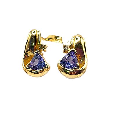 14K Yellow Gold Trilliant-Cut Tanzanite and Diamond Earrings. S etting: 14K Yellow Gold 
