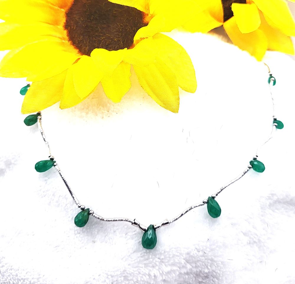 Briolette-Cut Emeralds & Delicate White Gold Ribbon Necklace. Setting: 14K White Gold 
Main 