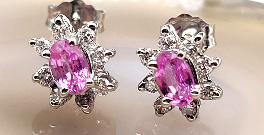 14K White Gold Pink Sapphire and Diamond Halo Earrings. Setting: 14K White Gold 
Main 