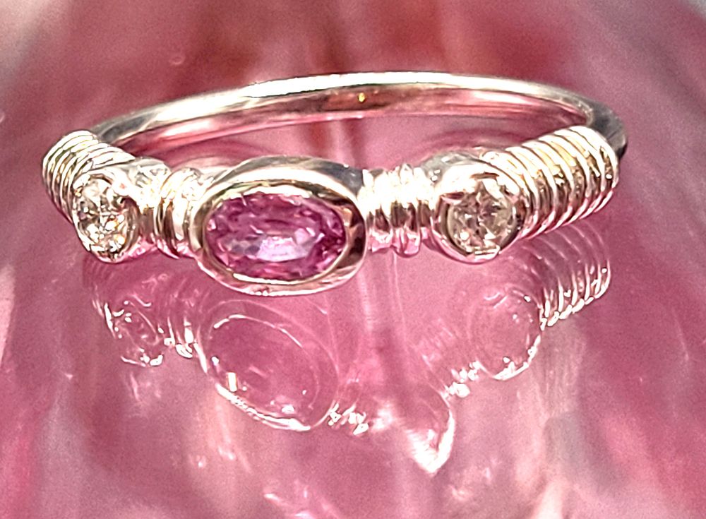 White Gold Pink Sapphire and Diamond Stacker Ring. Setting: 14K White Gold 
Main Gemstone: 