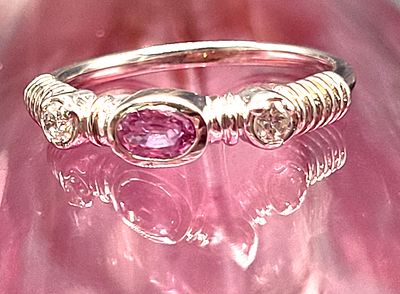 White Gold Pink Sapphire and Diamond Stacker Ring. Setting: 14K White Gold 
Main Gemstone: 