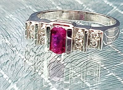 Ruby and Diamond Geometric Pyramid Ring - Modern. Setting: 14K White Gold 
Main Gemstone: 