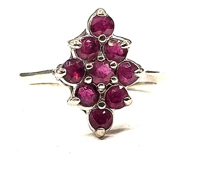 Nostalgic Navette Ruby Cluster Ring. Setting: 14K White Gold 
Main Gemstone: Genuine Ruby 