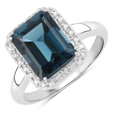 Bold Emerald-Cut London Blue Topaz & Diamond Ring. Setting: Sterling Silver .925 
Main 