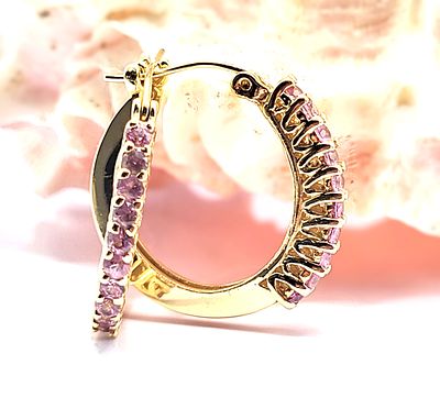 14K Yellow Gold 3/4" Pink Sapphire Hoops. Setting: 14K Yellow Gold 
Main Gemstone: Genuine 