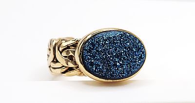 Cobalt Druzy Byzantine Chain Ring Gold over .925. Setting: Gold over Sterling Silver .925 
