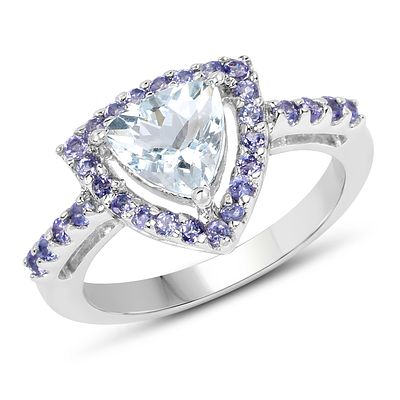 Trilliant Aquamarine and Tanzanite Halo Ring .925. 27100 
Setting: Sterling Silver .92225 
