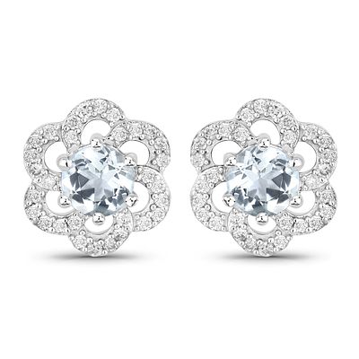 Aquamarine and Pinwheel Diamond Halo Earrings 14K
. 12100002 
Setting: 14K White Gold 
