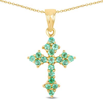 1.05 CTW Zambian Emerald Budded Cross Necklace .925. 27100043 
Setting: 14K Yellow Gold OVER 