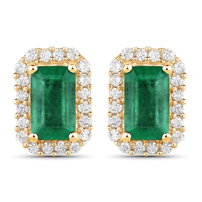 14K Zambian Emerald and Diamond Halo Stud Earrings. 27100046 
Setting: 14K Yellow Gold 
