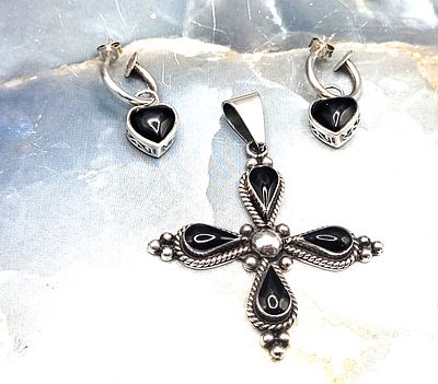 Signed HOB Black Onyx Cross and BONUS Earrings. Cast in: Sterling Silver .925 
Main Gemstone: 