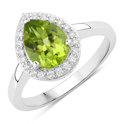 Natural Pear-Cut Peridot and Lab Diamond Halo Ring. Setting: Sterling Silver .925 
Primary 