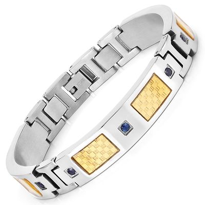 Titanium & YG Plated Steel Blue Sapphire Bracelet. 27100015 
Setting: Titanium and Yellow Gold 
