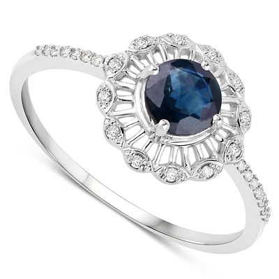 Blue Sapphire and Diamond 14K White Gold Flower Ring. 21100005 
Setting: 14K White Gold 
