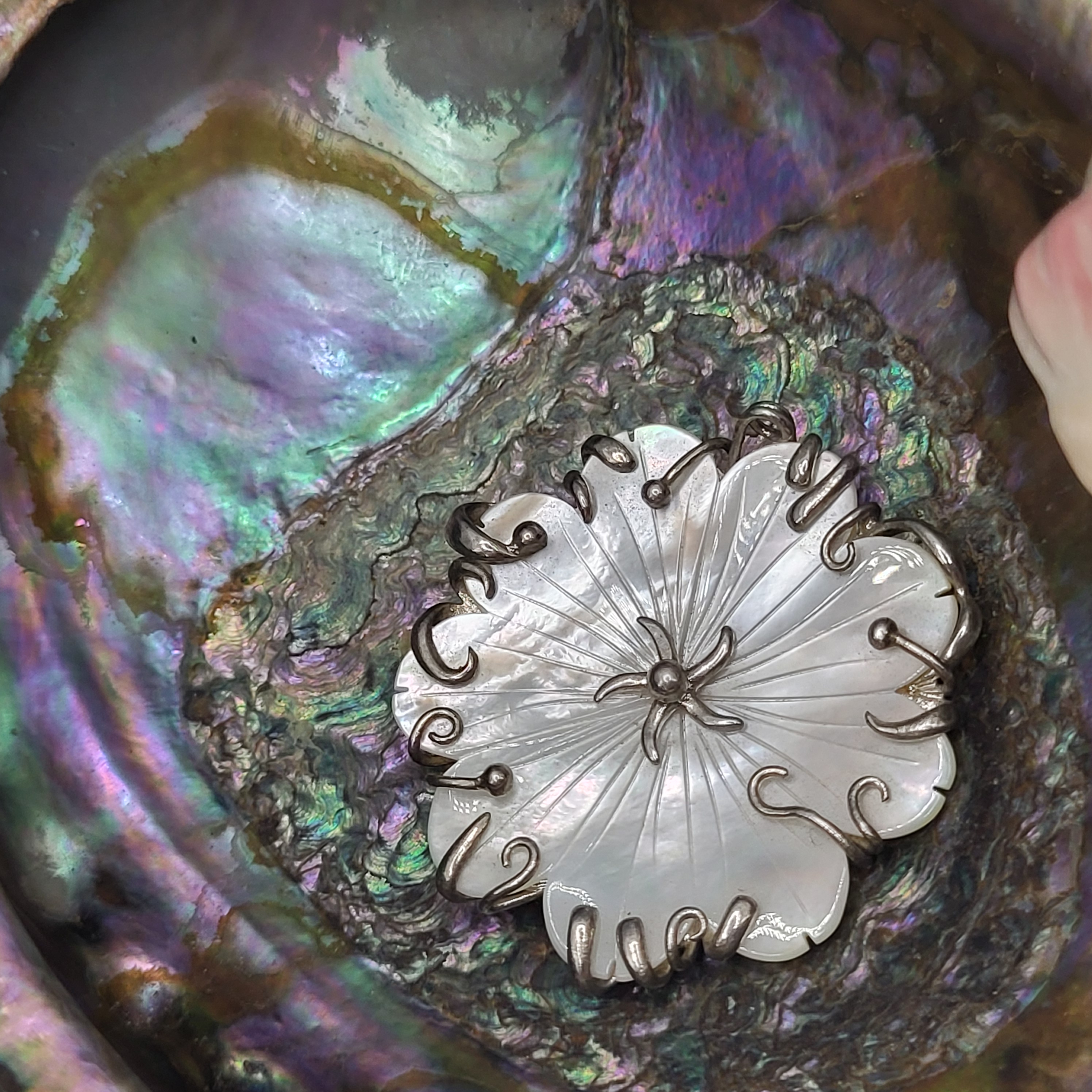 Carved Mother of Pearl Flower and Tendrils Pendant
