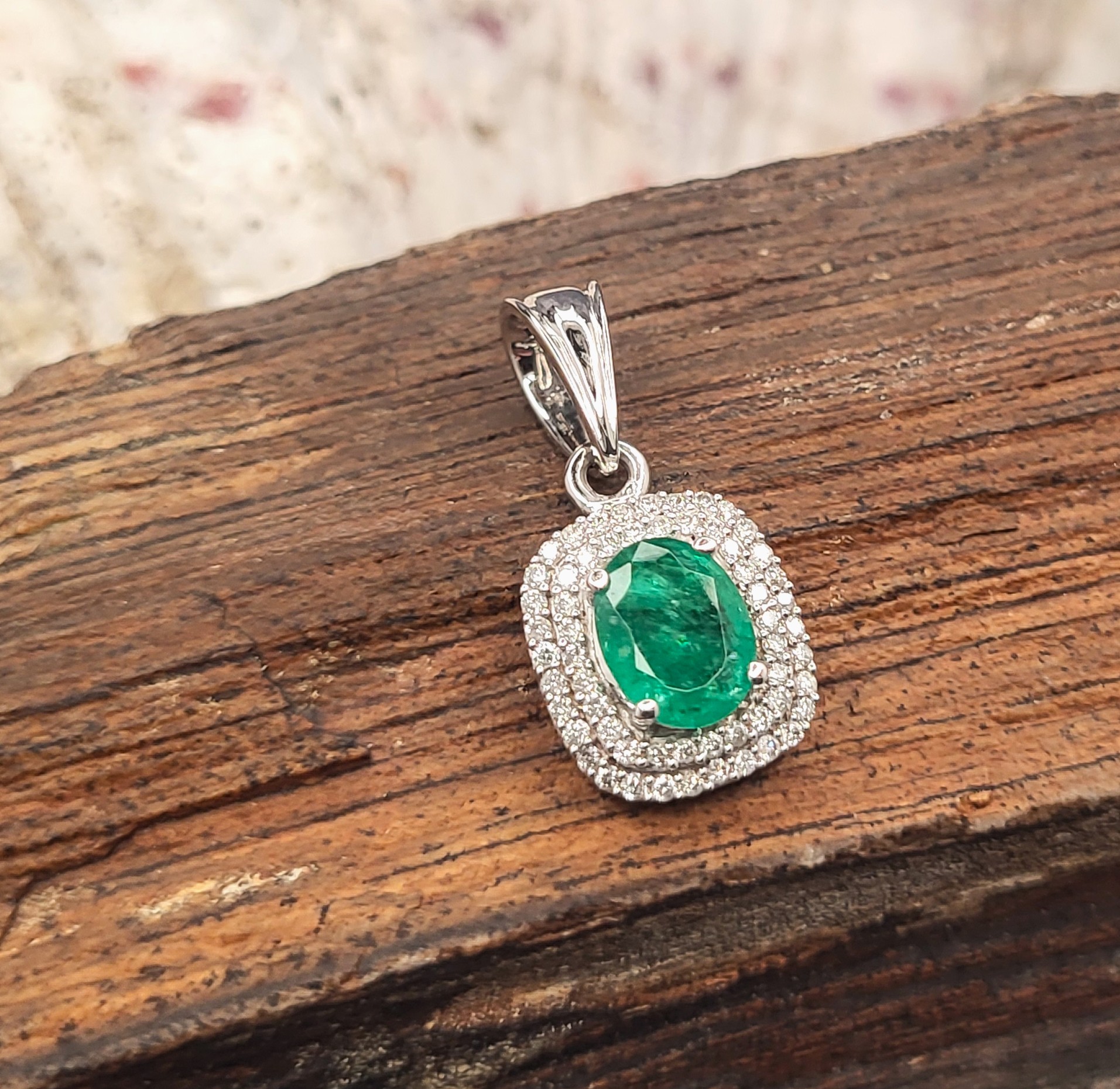 1.20 CT Zambian Emerald and .30CTW Double Halo Pendant