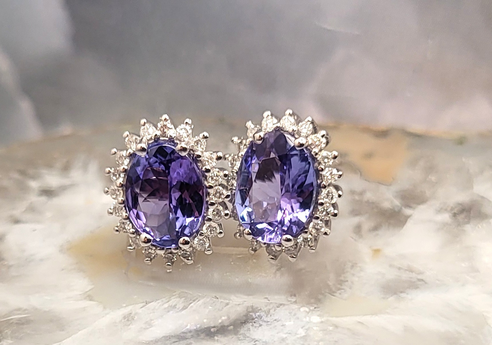 Stunning Oval Tanzanite and Diamond Halo Earrings 14KW