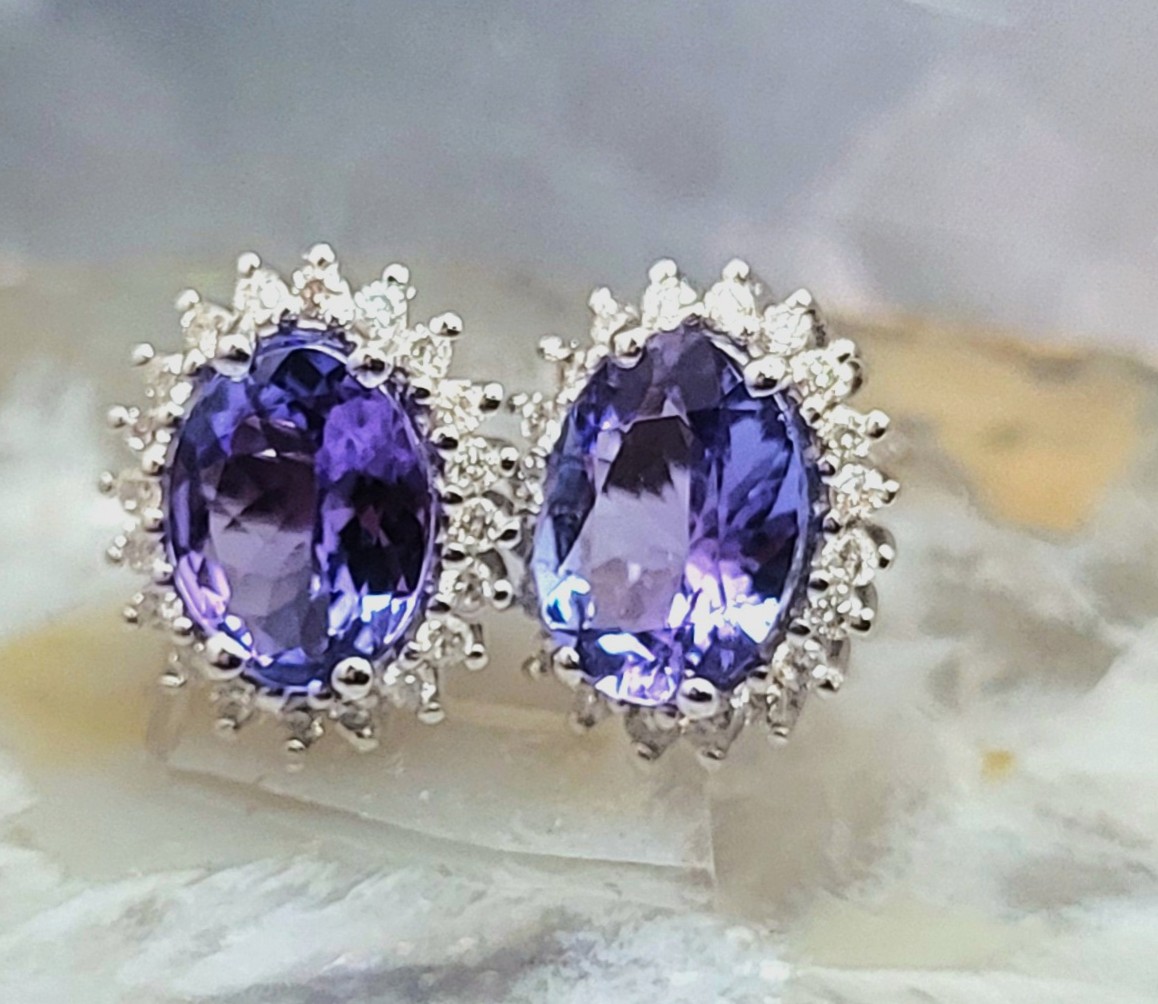 Stunning Oval Tanzanite and Diamond Halo Earrings 14KW