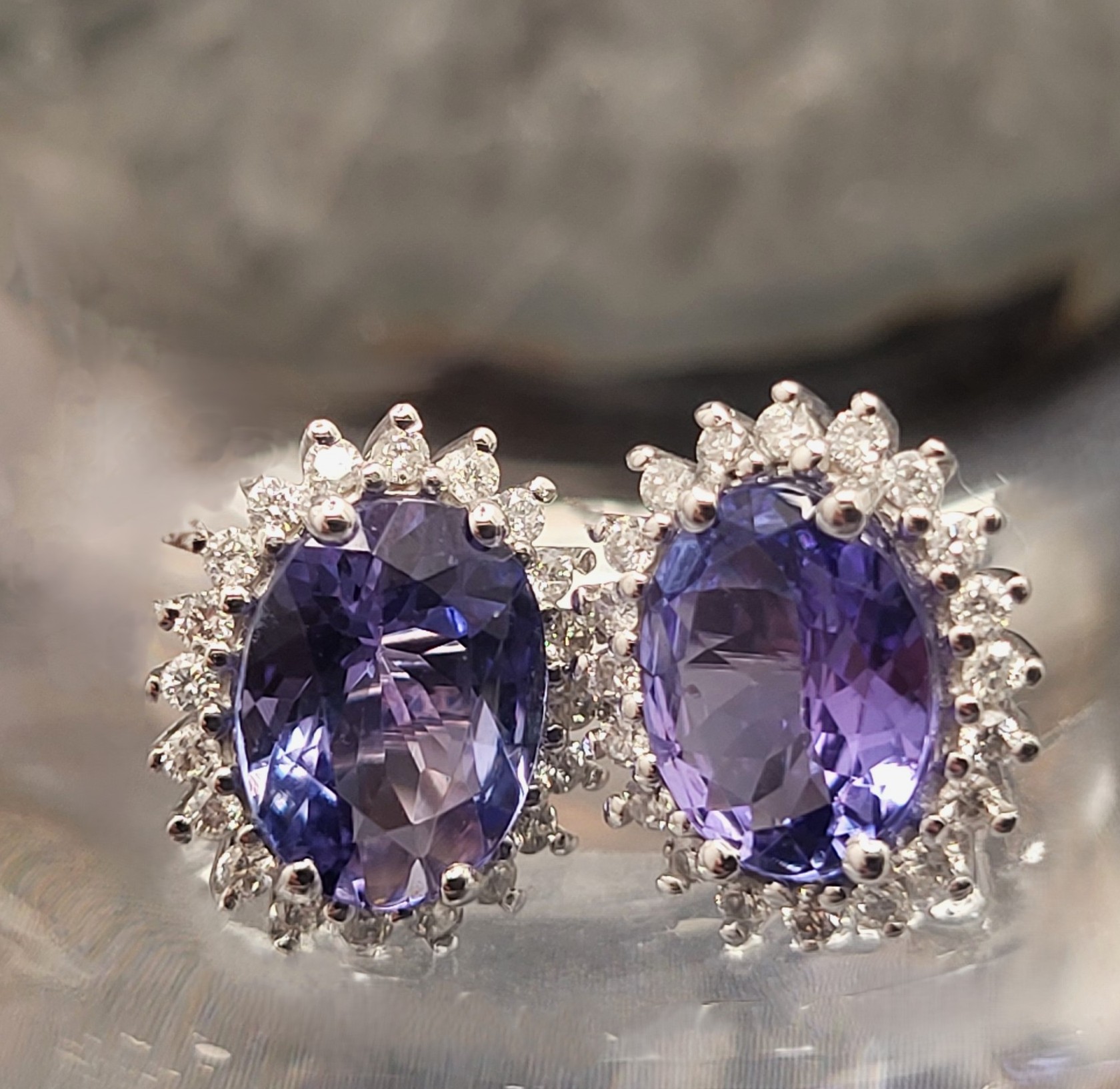 Stunning Oval Tanzanite and Diamond Halo Earrings 14KW