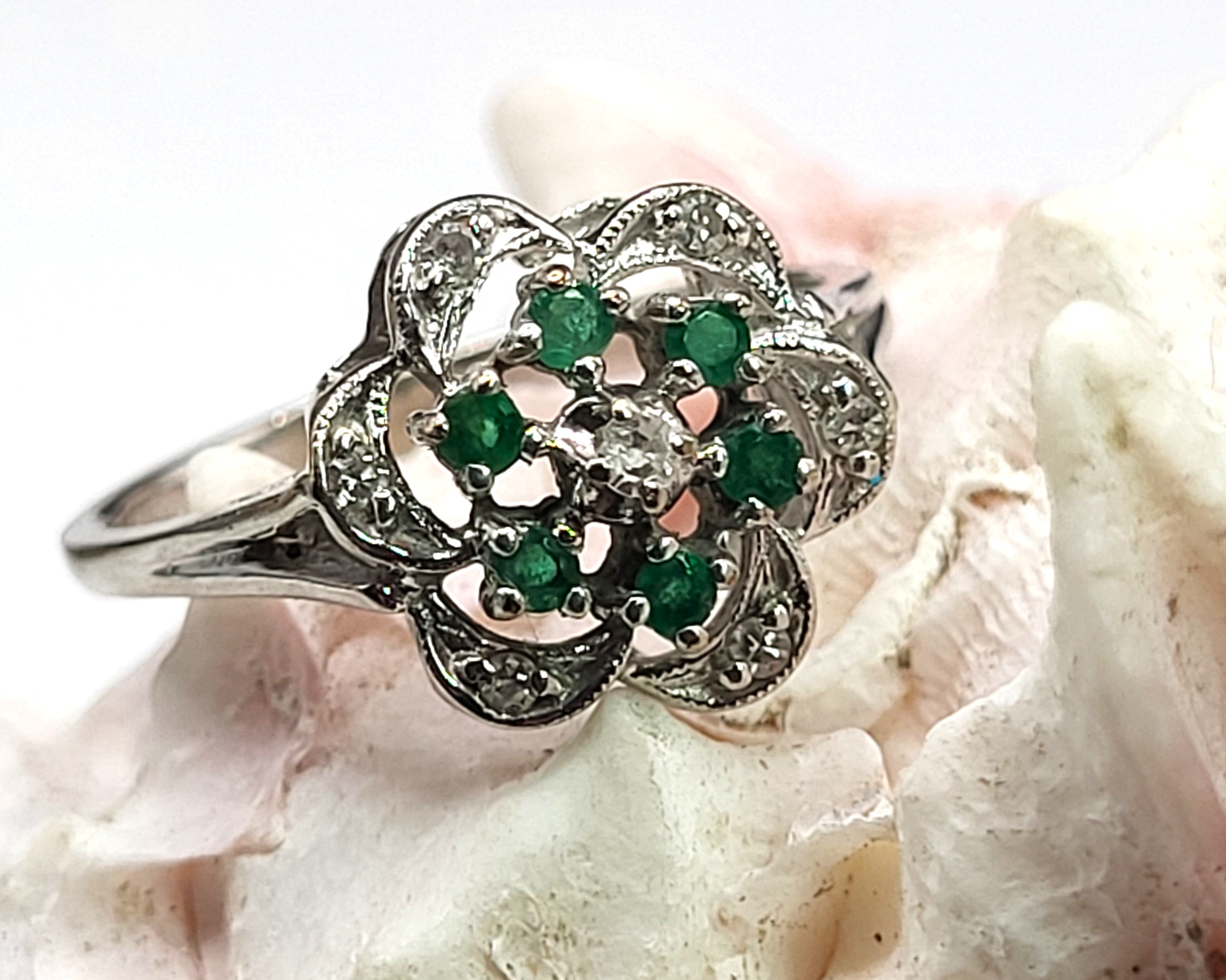 Emerald Cluster Ring with Diamond Swirl Halo