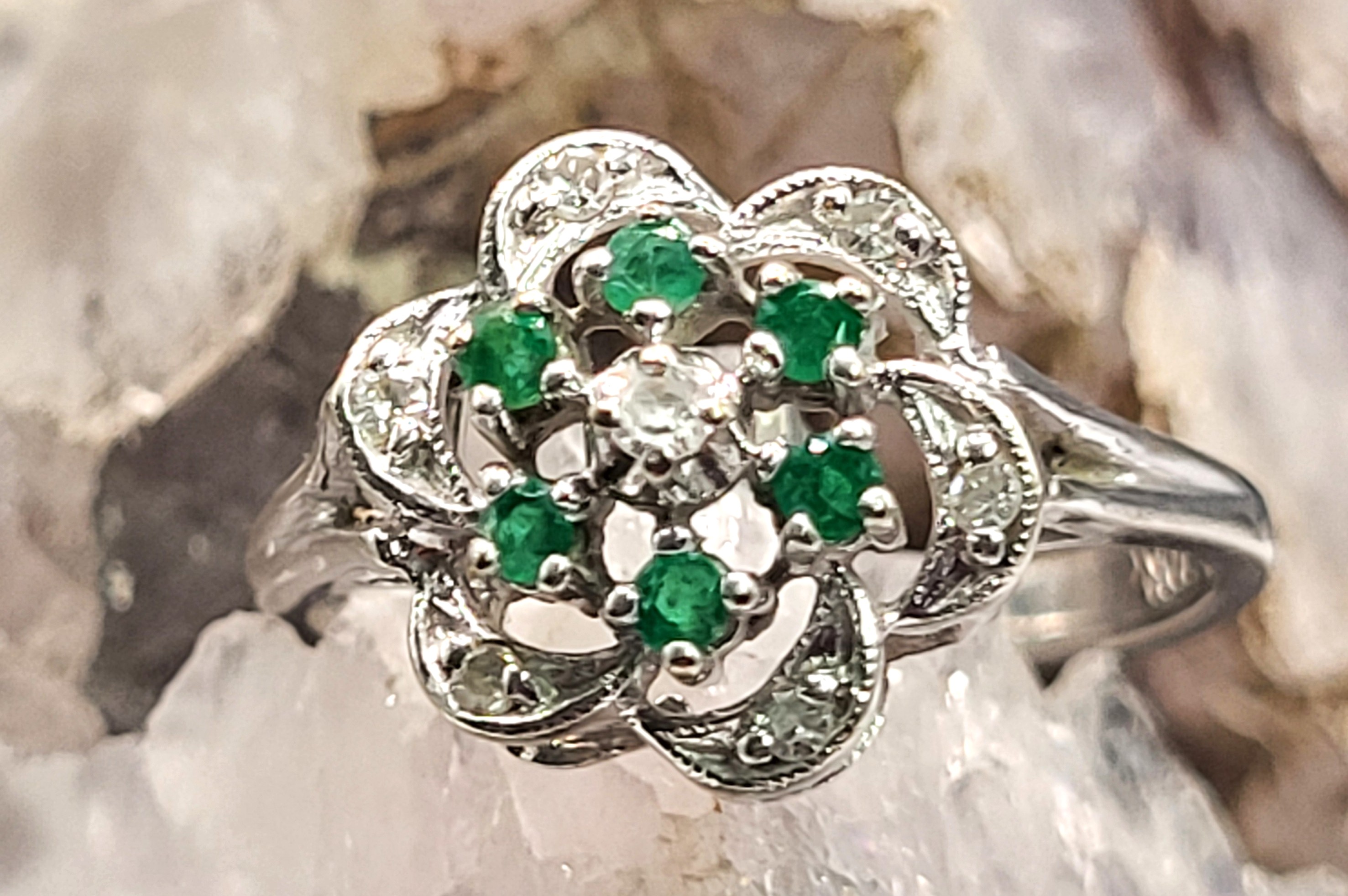 Emerald Cluster Ring with Diamond Swirl Halo